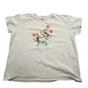 Liberty‎ Lane Womens XL Sage Green Bird Floral T-Shirt Short Sleeve Poppies
